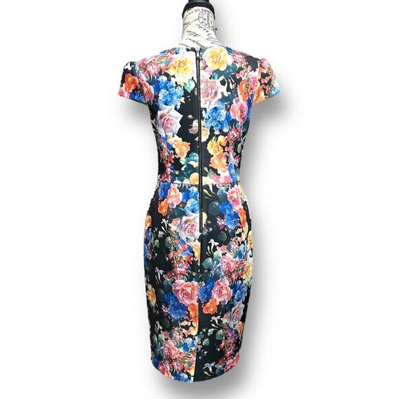 Betsey Johnson 6 Black Floral Scuba Pencil Dress Short Sleeve Feminine Festival - Picture 5 of 8